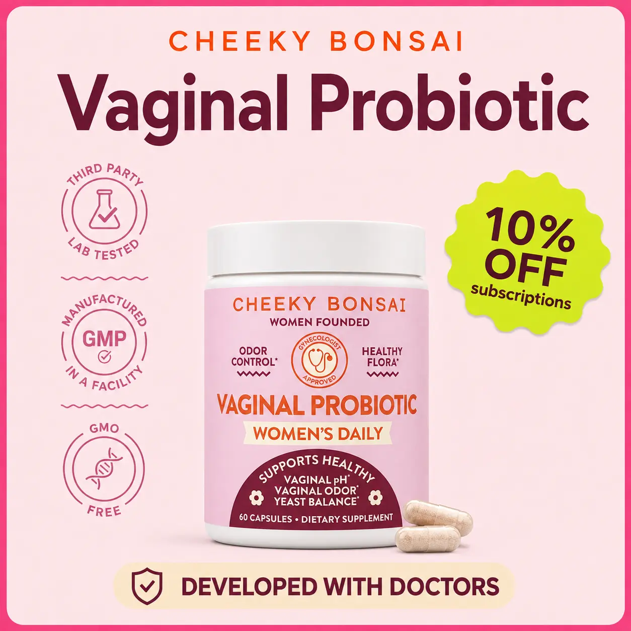 Cheeky Bonsai Vaginal Probiotic & Prebiotic Capsules for Women, pH Balance Support, Healthy Odor & Flora, Urinary Tract & Gut Health, 8 Clinically Studied Strains, 60 Capsules, 20 Billion CFU