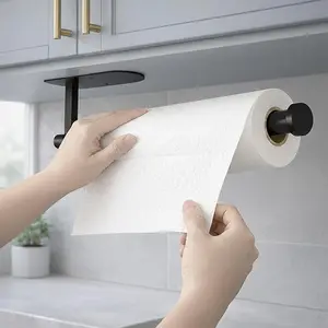 Paper Towel Holder, Self Adhesive or Screw Mounting, Black Wall Mount SUS304 Stainless Steel Paper Towel Holder Under Cabinet for Kitchen, Counter, Cabinet, Bathroom