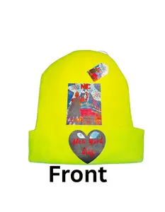 Daddimomma NYC Peek-A-Boo Beanie NYFW Collection Neon Yellow Cotton Beanie with Heart Design & NYC Print for Winter Fashion Casual Wear