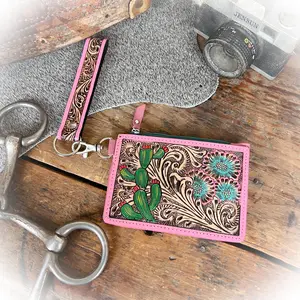 Prickly Cactus Pink Western Tooled Leather Card Holder