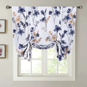 Blackout Tie Up Curtains for Windows, Three-Layer Woven Roman Curtain, Thermal Insulated Balloon Shade Rod Valance Curtain for Kitchen, Living Room, Bedroom, Blue, 42" Wx63 L