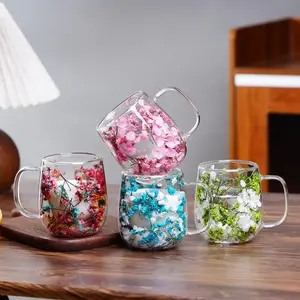 Double Glass Flower Tea Cup, 250ml Double Wall Glass Coffee Cup, Insulated Transparent Cup with Dried Flowers, Heat Resistant Drinkware Tumbler, New Year Gift.The top choice for Mothers Day Gift