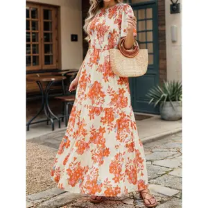 Ladies Round Neck Flared Sleeve Pleated Printed Dress Summer Casual
