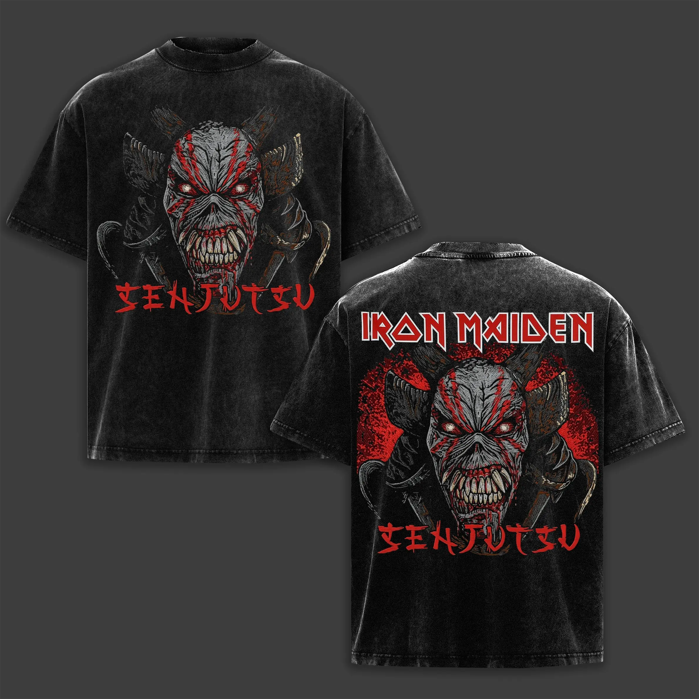 Live After Death Iron Maiden Washed T-Shirt, Eddie the Head Heavy Metal Music Band Washed Tee, Rock Band Double Printed Washed Graphic T-Shirt, Gift For Metalhead Fan Crewneck Casual Cotton Fabric Menswear