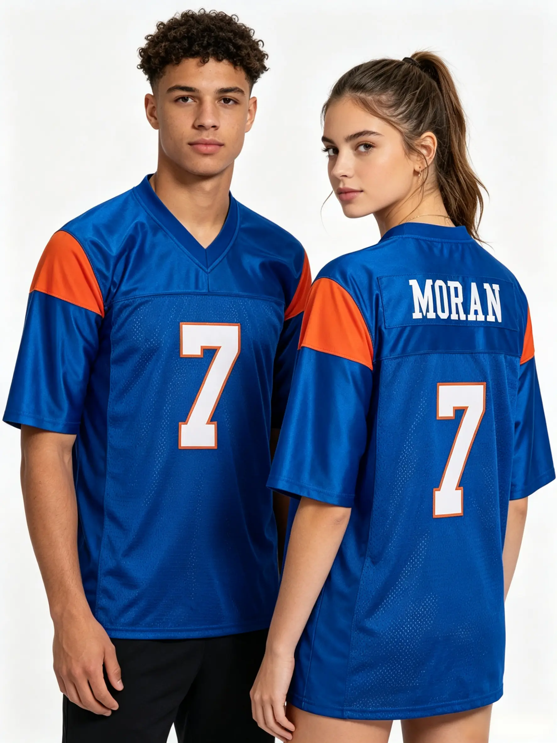 Men's Blue Mountain State Football Home Jersey - No.7 Alex Moran/No.54 Thad Castle, Blue White Embroidered Detail, Breathable Mesh Stays Cool, American Standard Size Table S-3XL, Football Uniform