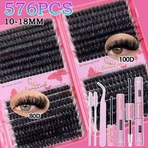 476pcs 3D 5D Thick Volume Lash Eyelash Extension Individual Cluster Kit 80D/100D for Stunning Makeup, Includes Lashes, Glue, Remover, Tweezers, and Brush, Perfect Home DIY Volume Wispy Look