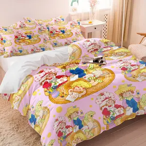 Pink Strawberry Friends Art Time Cartoon Duvet Cover Set, 1 Duvet Cover + 1/2 Pillowcases, Ultra-Soft Microfiber Cute Kawaii Fruit & Dog Print Soft Breathable Bedding for Kids Girls Bedroom Dorm Decor Bed Sets Supplies