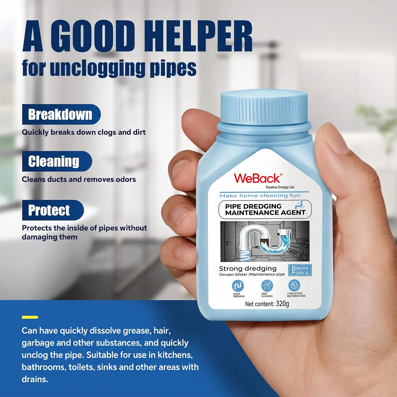 WeBack Powerful Non-Corrosive Drain Cleaner - Kitchen/Toilet Pipeline Clog Remover, Garbage Disposal Cleaner, 200+ Blockage Dissolver, 99% Bacterial Kill Formula, Fast-Acting 320g Household Cleaning Agent