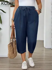 Kcgh Ss26 Plus Size Women's Denim Capri Cropped Pants, Spring Summer Solid Color Casual Elastic Waist Slimming Versatile Jeans
