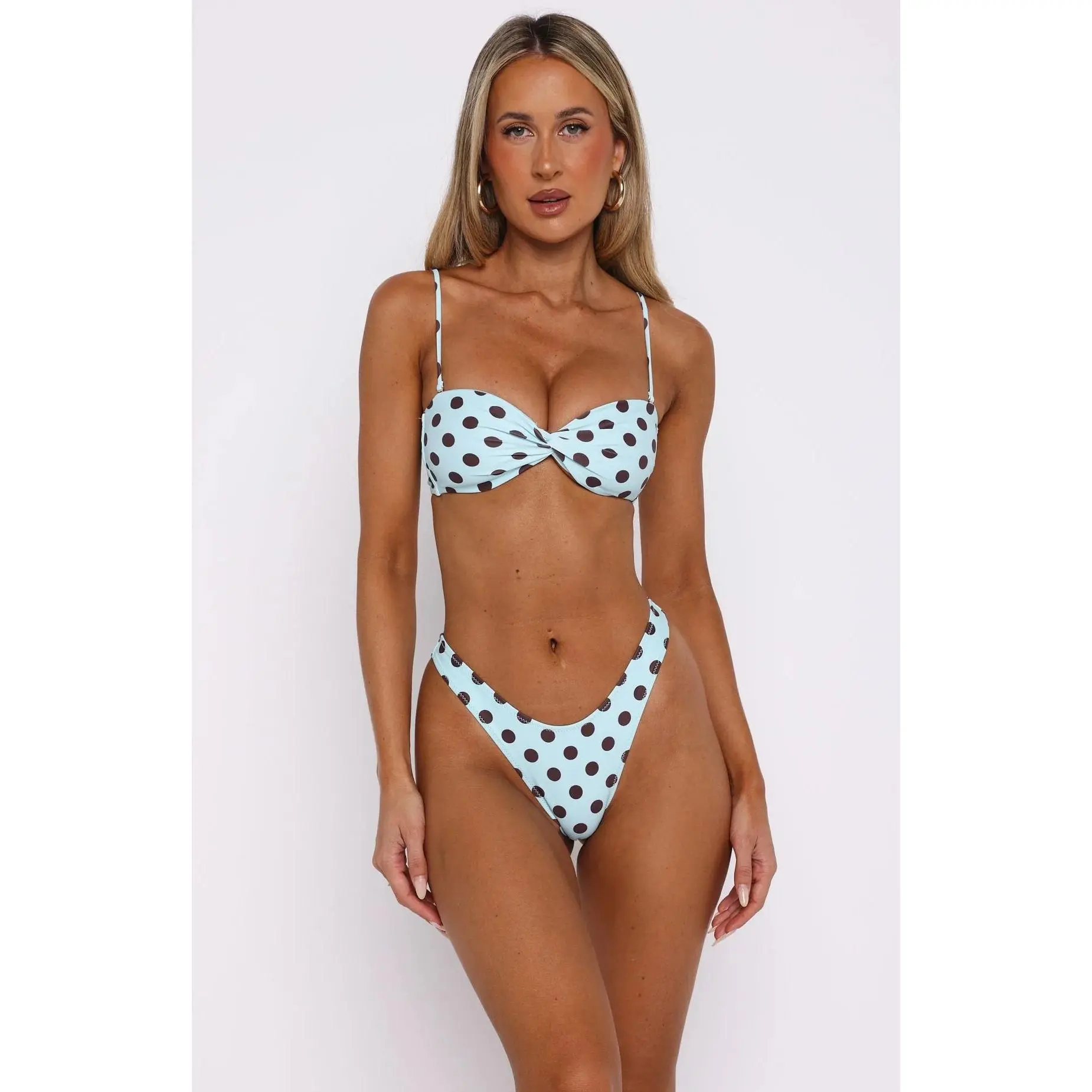 Women's Polka Dot Brazilian 2-Piece Halter String Fitted Triangle Bikini Set - High Cut Cheeky Bottoms, Fashion Beachwear Swimwear, Bathing Suits, Bikinis Sets, Fitted Triangle Swimwear, Two Piece Set