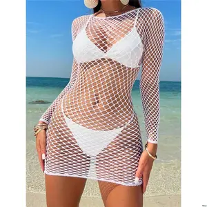 - Cover Beach Summer Sleeve Round Fishnet Hollow Swim tiktok Out Neck Long Holiday Up Dress