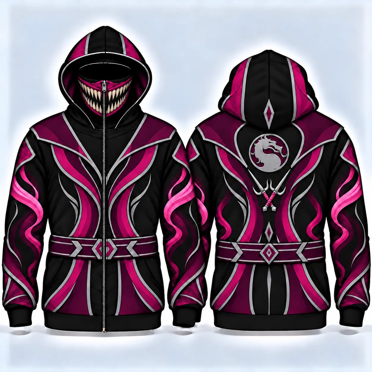 Mileena Inspired Full Zip Ninja Hoodie with Teeth Face Mask for Women, Pink Black All Over Print Hooded Jacket