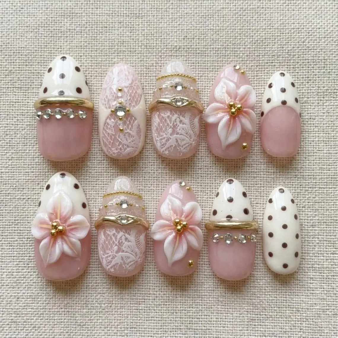 3D Flower Press On Nails, Pink Polka Dot Coquette Nail Art, Gold Charm Rhinestone