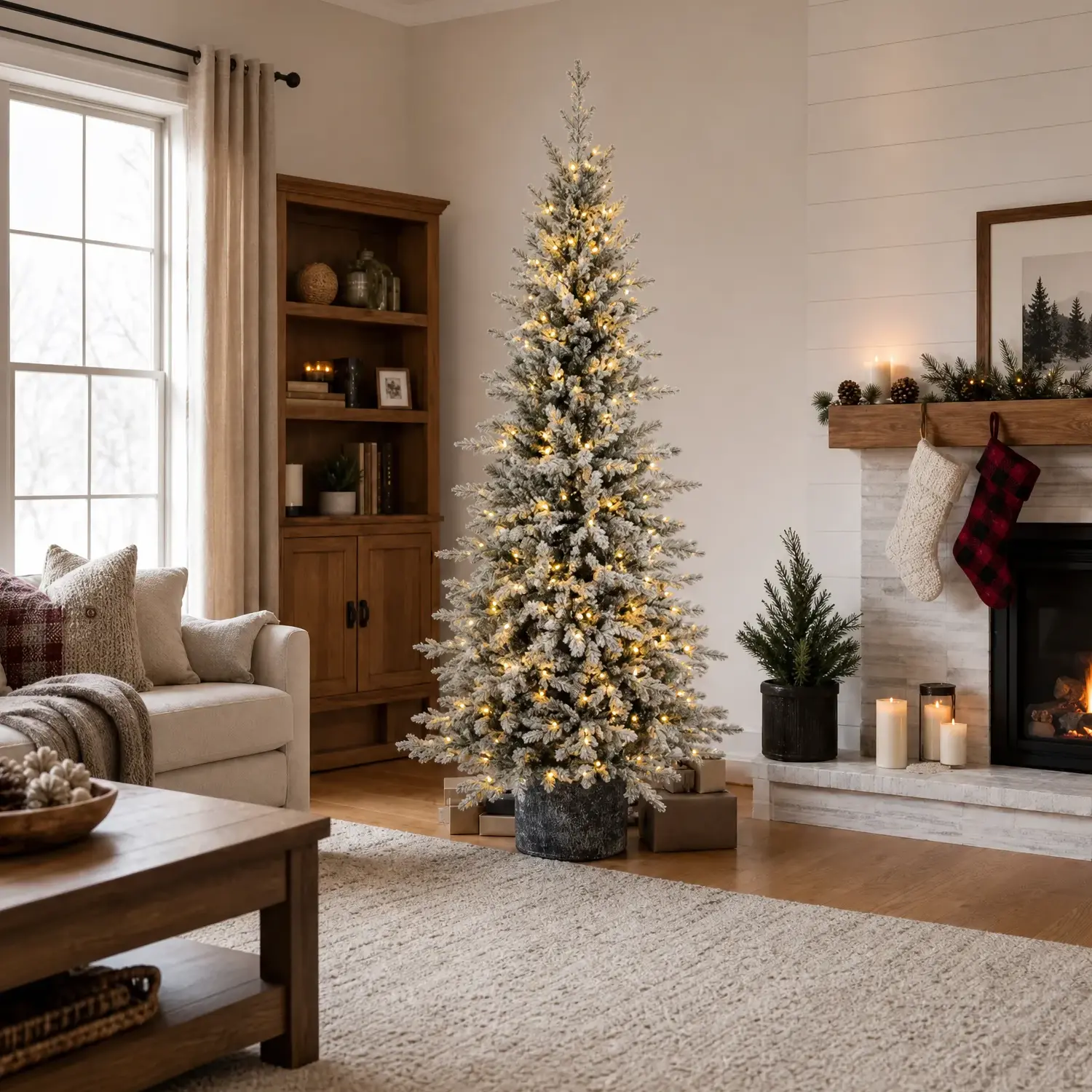 Pre-Lit Snow Flocked Artificial Christmas Tree with Potted Base, 2/3/4.5/6.5 FT, PE & PVC Branch Tips, Pinecones, Warm White LED Lights, Holiday Decor for Home & Office