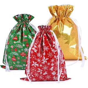 3/6-Pack Large Christmas Gift Bags with Drawstring Reseal - Extra Long 43x58cm (17x23inch) Party Bags, Gift Pouch, Red and Gold Festive Design, Durable Plastic Material, for Christmas, New Year's, and Corporate Events - Elegant Drawstring Bags for Gifts