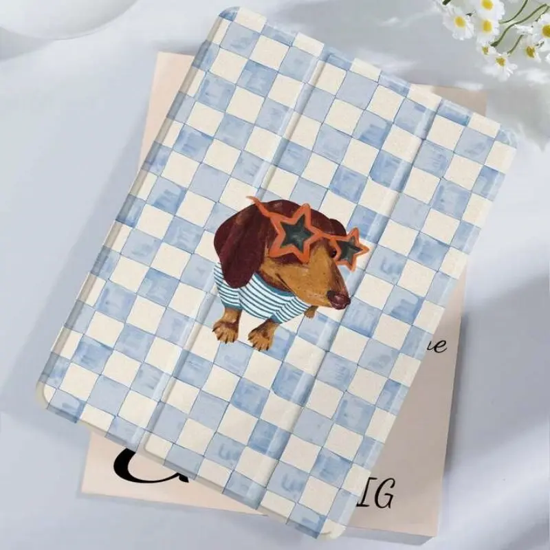 Stylish blue plaid and star dog pattern, with adjustable stand and pen slot, foldable non-slip TPU protective case, suitable for Samsung, iPad mini, iPad Air, iPad Pro/iPad 10th generation, 11th generation and other iPad series protective cases.
