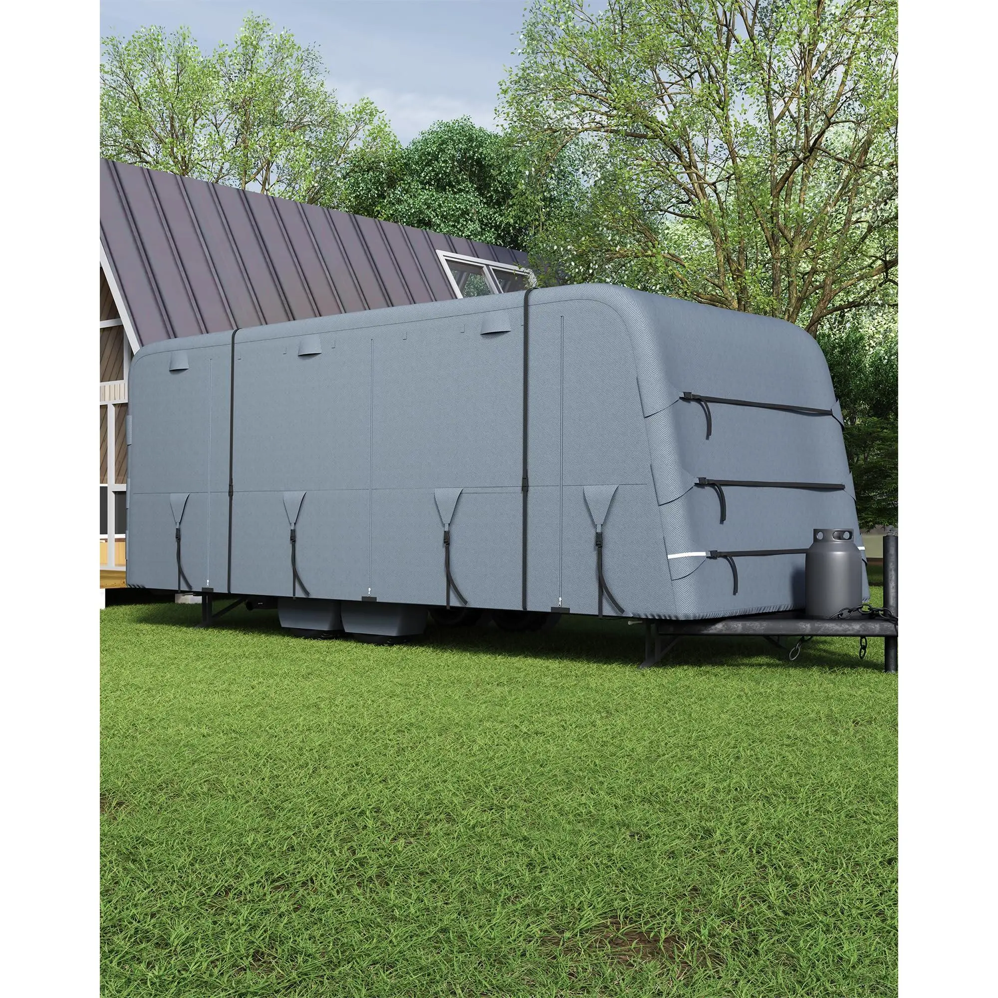 Upgraded 6-Layer RV Cover, Heavy-Duty Waterproof UV Windproof for Trailers & Motorhomes, Reinforced Straps