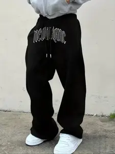 Black Oversized Wide-Leg "NEONLANE" Dark Minimalist Gothic Font Sweatpants - Edgy Street Bottoms, Athletic, 2026 Trending Dark Minimalist Streetwear, Soft Fabric Perfect for Dark Style Fan Daily Wear & Casual Outings, Bold Gothic Font Logo Design