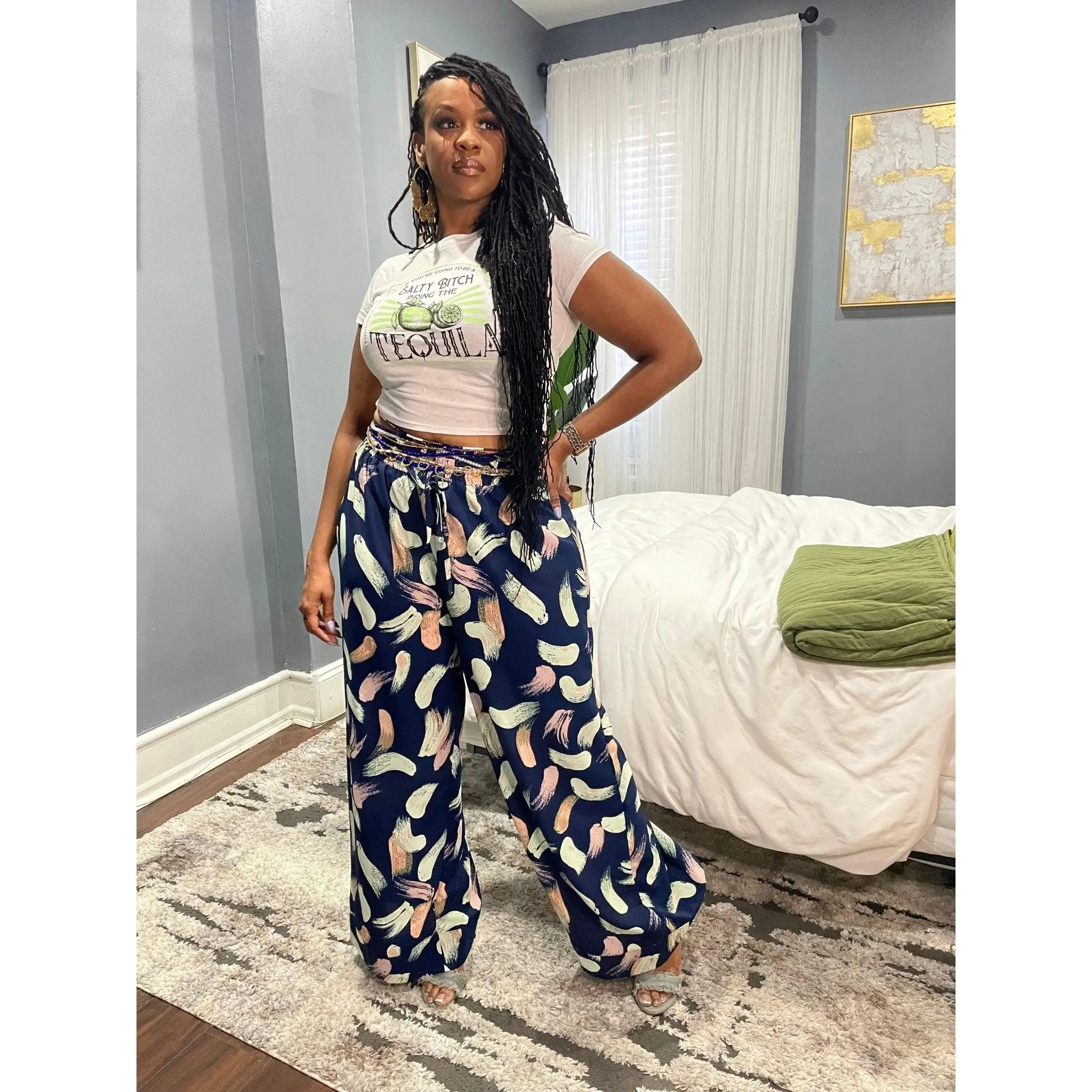 Posh Nina Raw Hem Printed Wide Leg Pants - Navy
