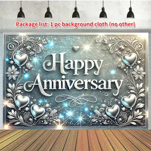Blue Heart Happy Anniversary Backdrop Flag (1PC) - Versatile Party Decor & Photo Prop for Family/Garden/Birthday/Wedding, All Seasons Banners Ornaments