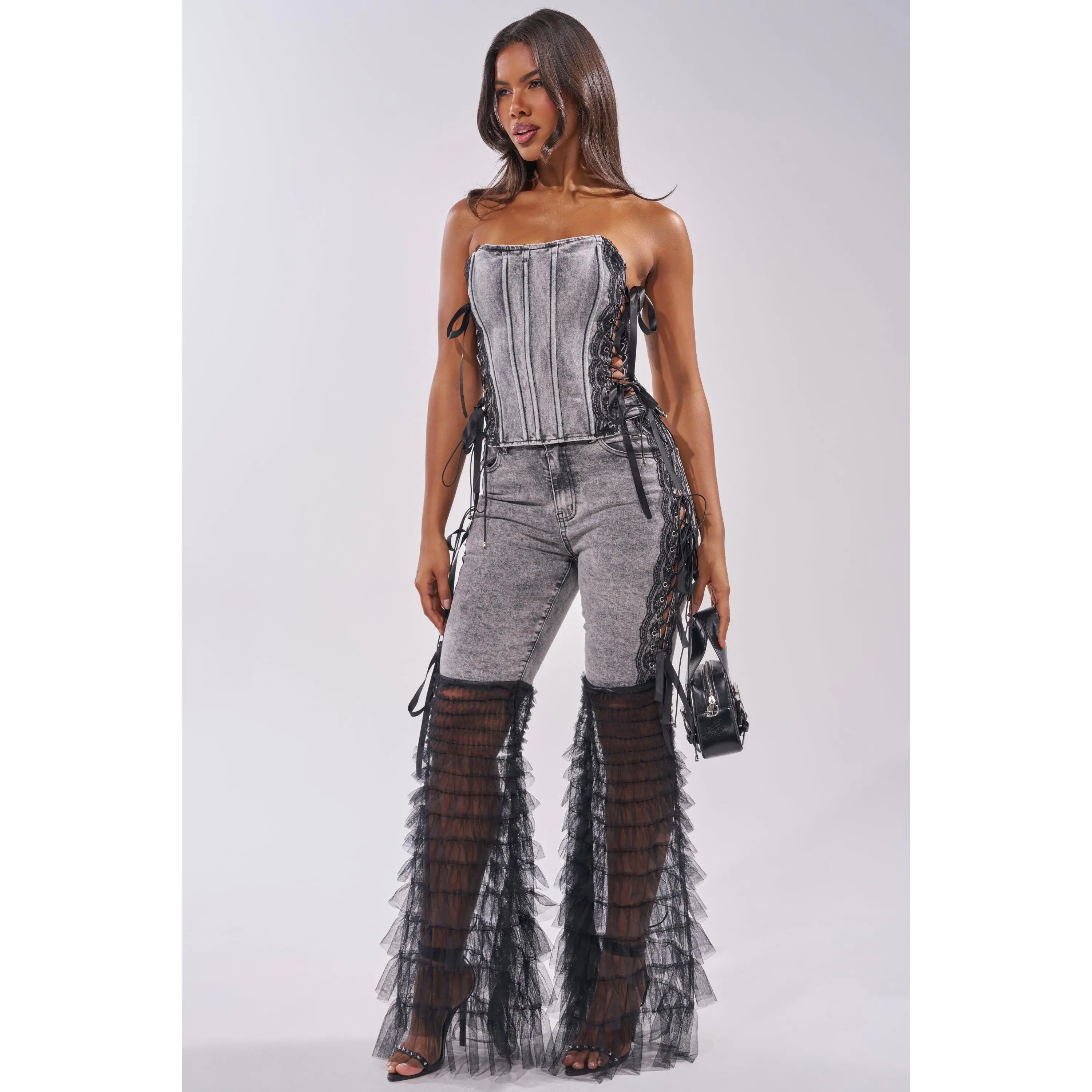 TICKED AND TIED LACE DETAIL FLARE DENIM