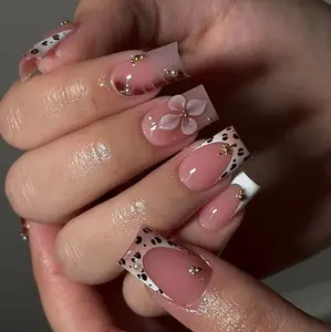 Flower Press on Nails Medium Square Fake Nails with Gold Pearl Star Designs Nude Pink False Nails Leopard Print Nail Press ons Flower Embossment Full Cover Glue on Nails Spring Acrylic Nail for Women