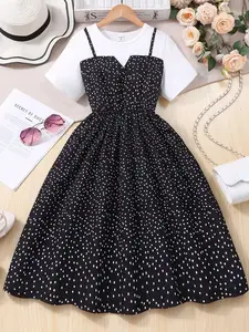 Tween Girls Casual Polka Dot Strap Patchwork Short Sleeve Dress, Summer Summer Holiday