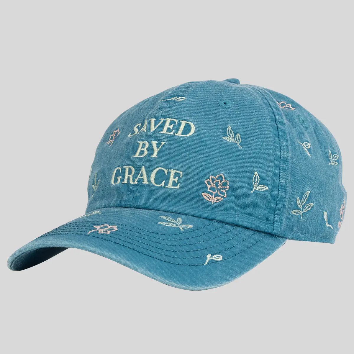 Women's Christian Baseball Cap with 'Saved By Grace' Floral Embroidery in Soft Cotton Twill, Adjustable Low-Profile Fit for Outdoor Wear, Flowers, Casual, Embroidered, Everyday, Adjustable Fit, Faith Message, Everyday Use, One Size Fits Most