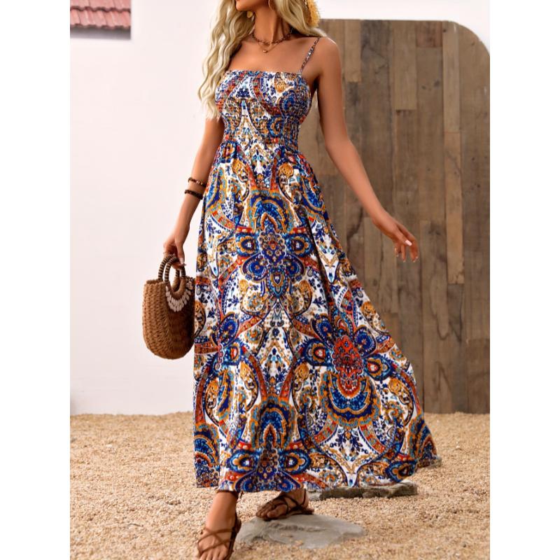 Women'S Casual Slingback Dress A1616, Spaghetti Strap, Shirred, Motif Cachemire Pattern, for Spring/Summer  Fabric Polyester Womenswear Collar Comfort Multicolor Sleeveless Women's Elegant Loose Midi Flowery Backless Mini white  dress  girl