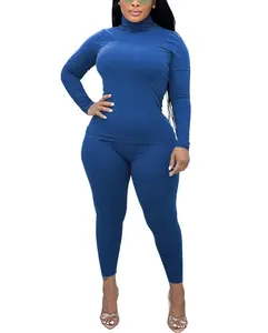 Nimsruc 2 Piece Outfits for Women Casual Bodycon Sweat Suits Turtleneck Long Sleeve Tracksuit Lounge Jogger Set Blue XXL