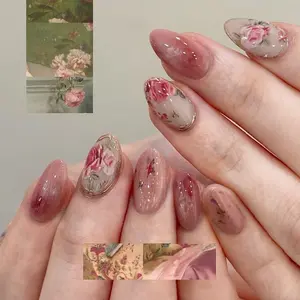 Rose Dipped Almond Press-On Nails, French Nail Art, Vintage Floral Renaissance Style, Perfect for Girls' Dating, Parties, Outdoor Sports, Weddings