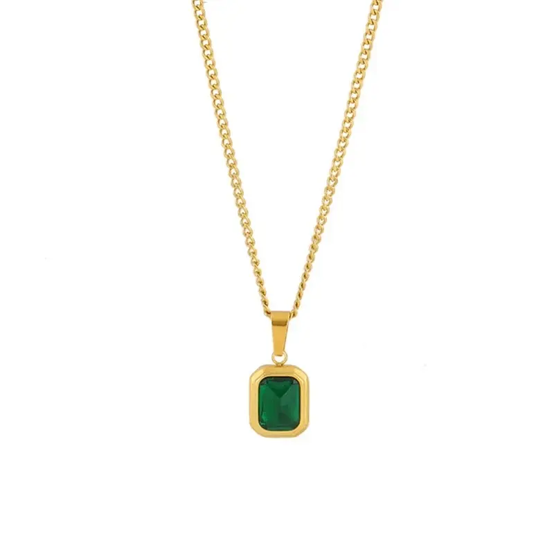 Vintage Green Cubic Zirconia CZ Square Choker Necklace 18K Gold Plated Stainless Steel Geometric Necklace