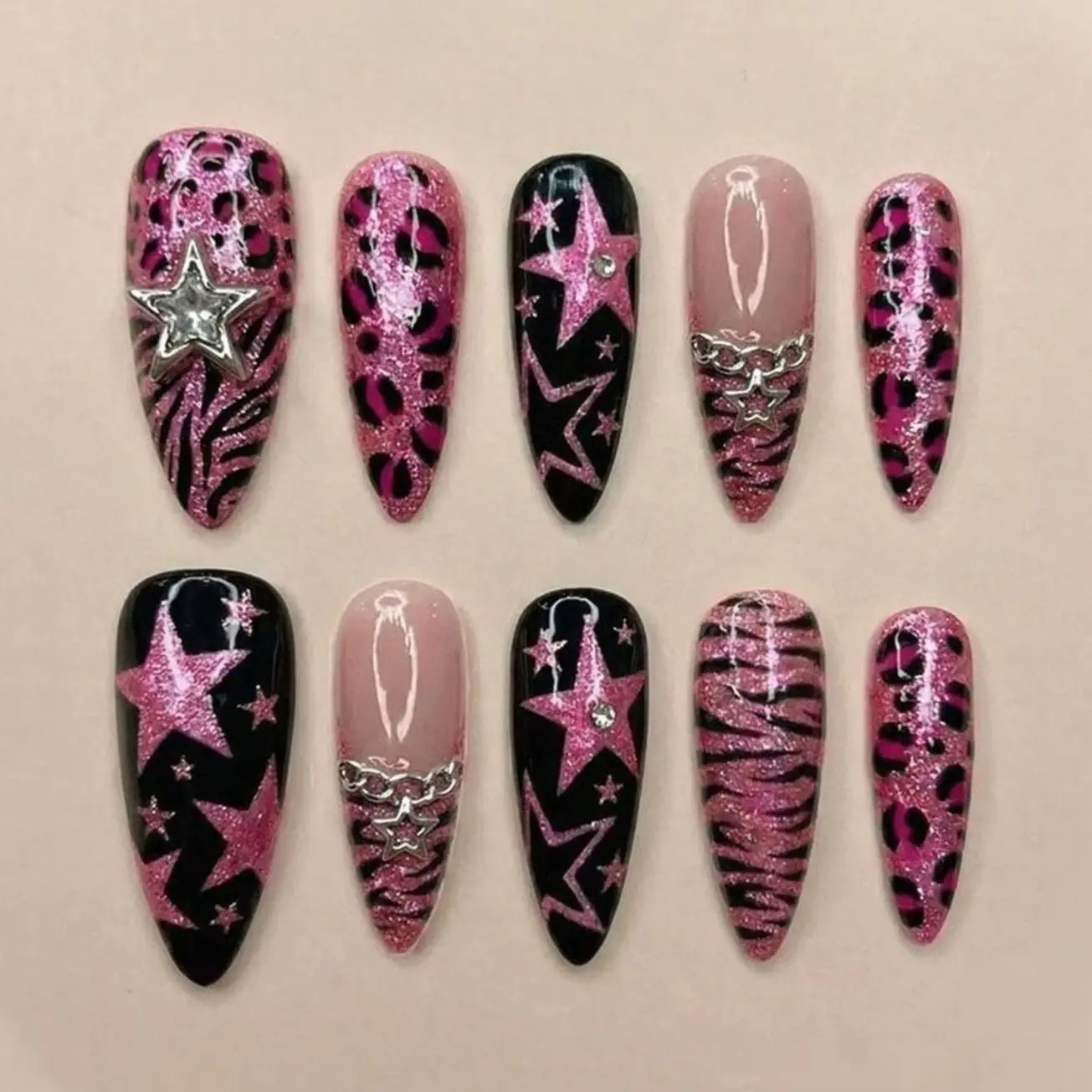 Pink Glitter Star Press On Nails, Leopard and Zebra Print, Silver Chain Charm, Black Contrast, Sparkly Retro Glam Nail Art