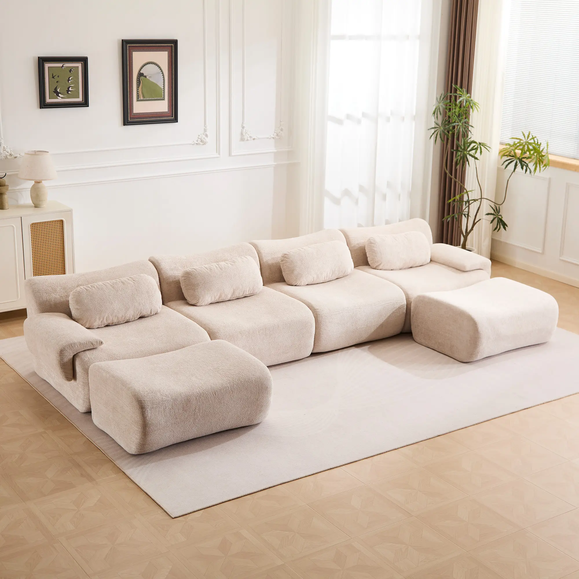 Beige - 4 Seater + 2 Ottomans (148.2")
