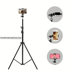 Portable 1.6m Tripod Phone Holder Selfie Stand with Ball Head Gimbal and E Type Clamp, Quick Assembly, Compatible with Smartphones, Digital Cameras, Gopro
