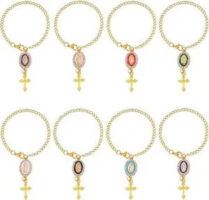 8PCS Steering Wheel Rosary Charm Accessory Cross Pendant Car Decor Rearview Mirror Car Rosary for Automotive Protection Charm Decor