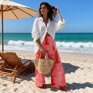 Women's Lobster Print Palazzo Pants Pop Art Style Pink Geometric Wide-Leg Summer Trousers