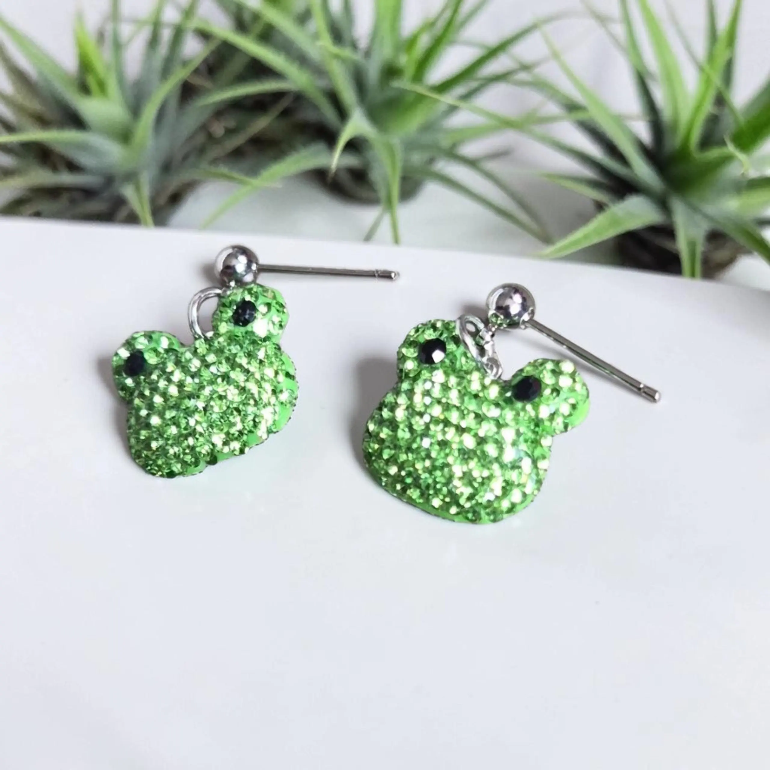 Green Rhinestone Frogs on Silver Studs
