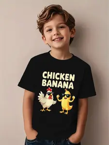 Boys' Cotton Short-Sleeve Graphic Tee - Breathable Medium-Length Fabric, Funny Graphic Tee with Cartoon Chicken & Banana Print, Bold Slogan