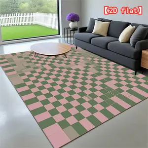 2D flat   Green and pink checkerboard tile wall carpet for indoor and outdoor use, machine washable and durable, suitable for patios, balconies, living rooms - high-quality easy-to-clean home decor, colorful and vibrant, multi-functional decorative mat