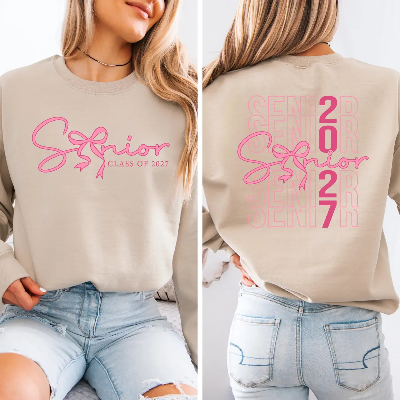 Senior Class Of 2027 2-Sided Sweatshirt, Cute Pink Bow Senior Crewneck, Graduation Sweatshirt For Girls Gift Top, Senior 2027 T-shirt Hoodie