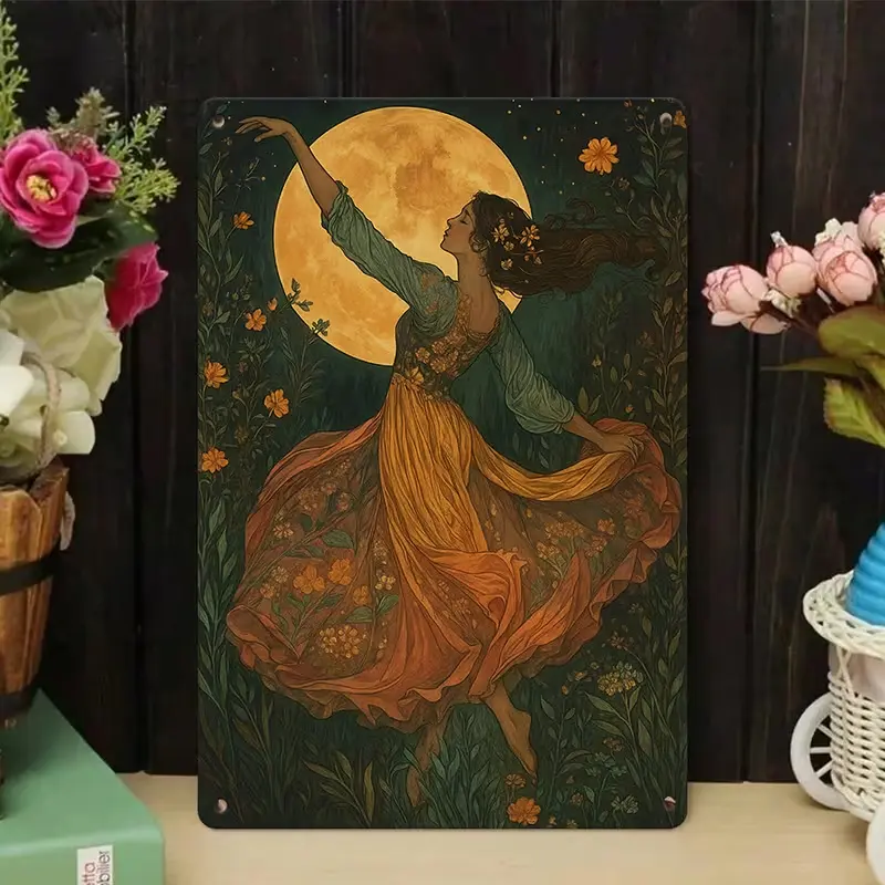 Retro Vintage Metal Tin Decorative Wall Plaque - Artistic Full Moon Dancer, Dark Folk Art Look Moon Goddess Art, Wildflower Floral Design, Waterproof Wall Mount Sign for Dark Cottagecore Witchy Aesthetic Adult Room Decor