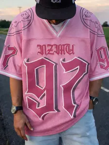 Men's Street Style Short Sleeve Fitted T-Shirt, Number 97 Printed V-Neck Jersey, Breathable Mesh Fabric, Casual All Season Wear Streetwear