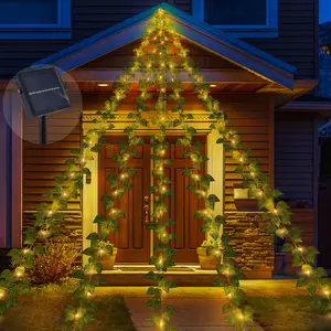 12.9FT*5 Branches Fake Vines with Solar Fairy Lights, Ivy String Lights, 8 Modes Fake Plant Light, Waterproof Triangular Leaf Light for Eaves, Tree, Patio, Wall, Garden, Yard, Wedding Decor