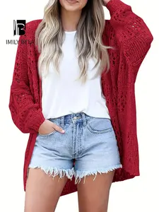 Women's Hollow Out Open Front Cardigan Sweater, Casual Loose Long Sleeve Knit Cardigans Knitwear for Daily Wear, Autumn Fashion Outerwear, Ladies Clothes