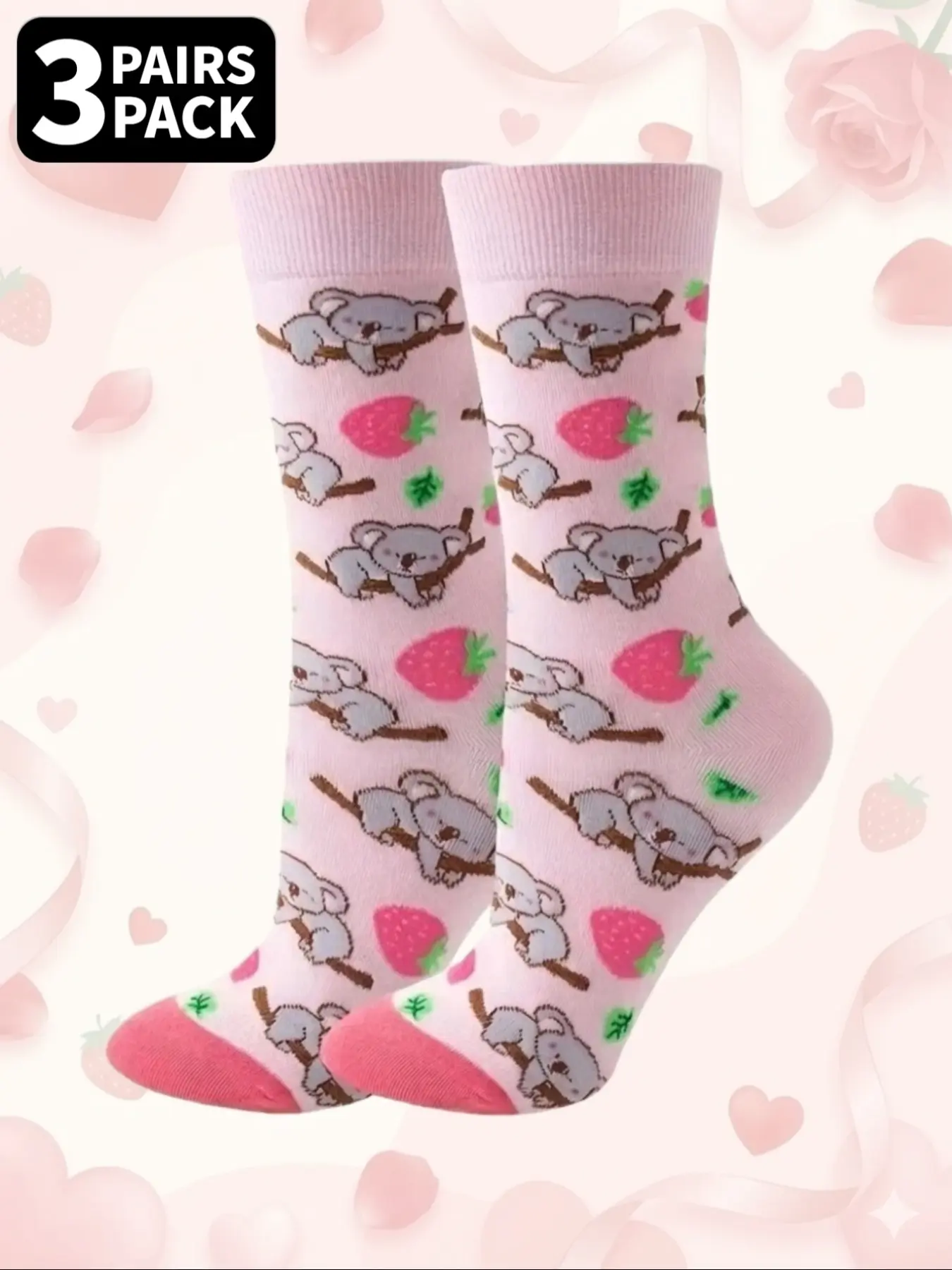 3 Pairs of Mid-Calf Socks Pink Koala & Strawberry Print Elastic Top Band Breathable & Sweat-Wicking Soft & Cute Style Valentine's Day Gift Everyday Wear