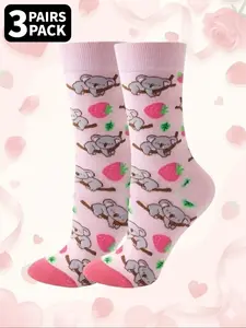 3 Pairs of Mid-Calf Socks Pink Koala & Strawberry Print Elastic Top Band Breathable & Sweat-Wicking Soft & Cute Style Valentine's Day Gift Everyday Wear