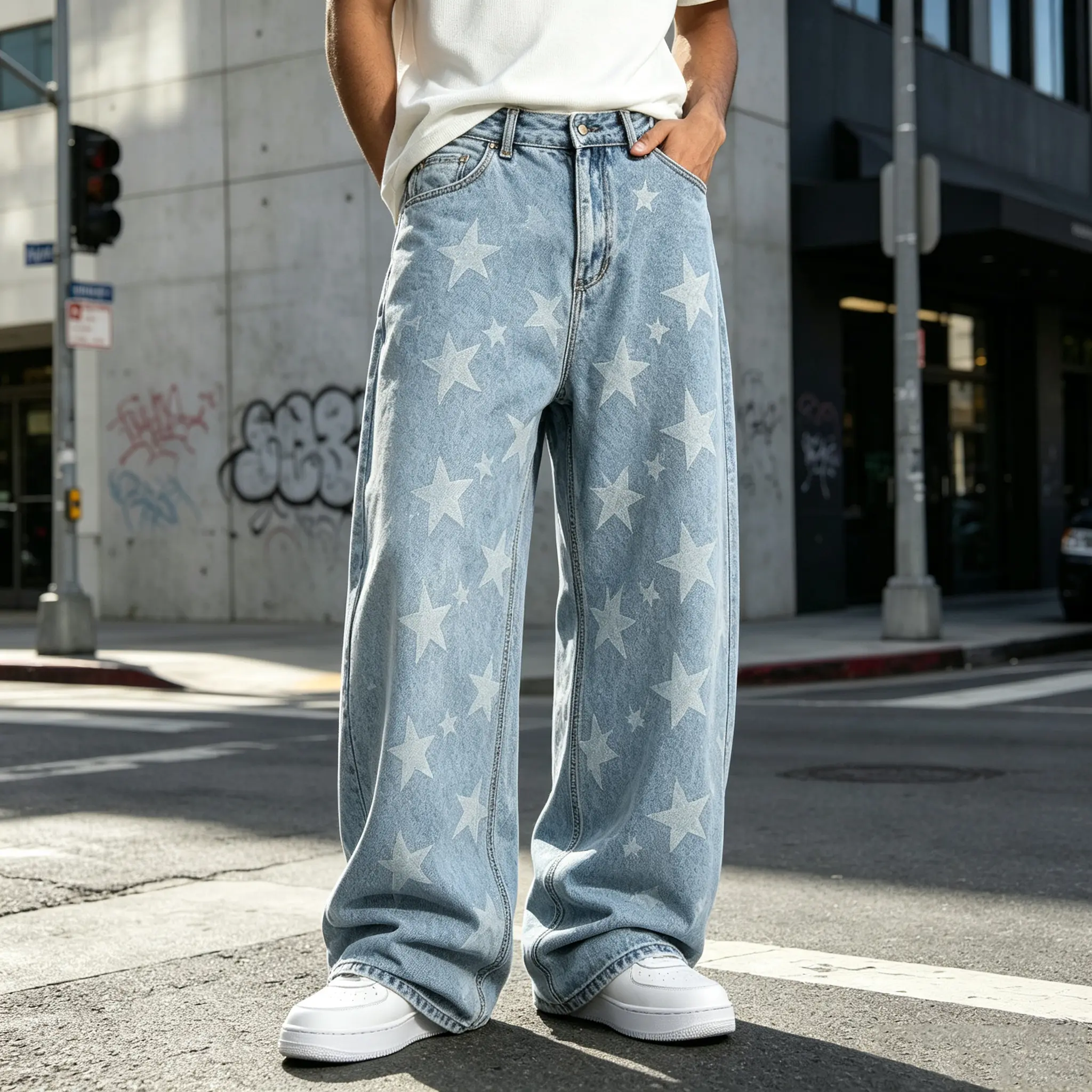 GINGTTO Men's Baggy Jeans Star Print Wide Leg Y2K Streetwear Denim Pants Loose Fit Skateboard Jeans Casual Hip Hop Pants