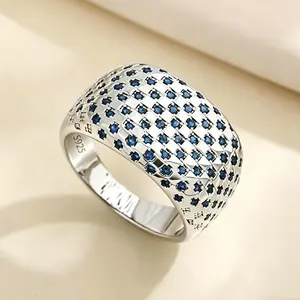 【HXS】925 Sterling Silver Pave Blue Sapphire Wide Band Ring Grid Pattern Statement Ring for Men Women