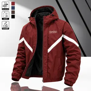 Men’s wine red “New York” printed color-block hooded windbreaker featuring white diagonal stripes, crafted from tear-resistant, skin-friendly fabric. Adjustable drawstring hood with ribbed cuffs, suitable for hiking, commuting, and streetwear styling.